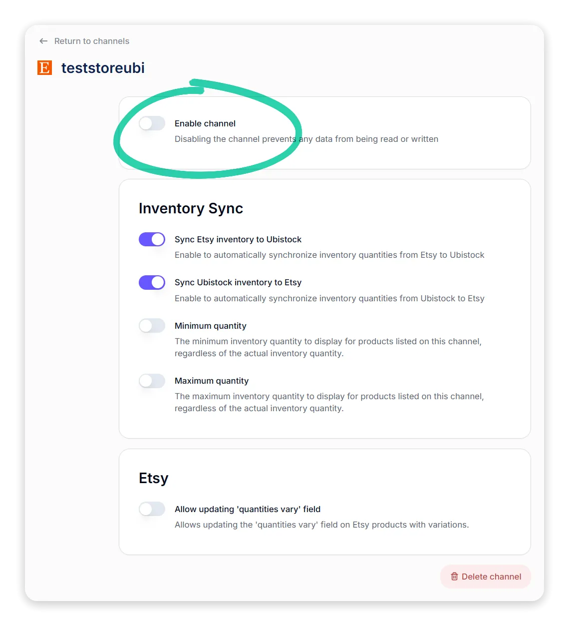 Etsy Ubistock channel settings
