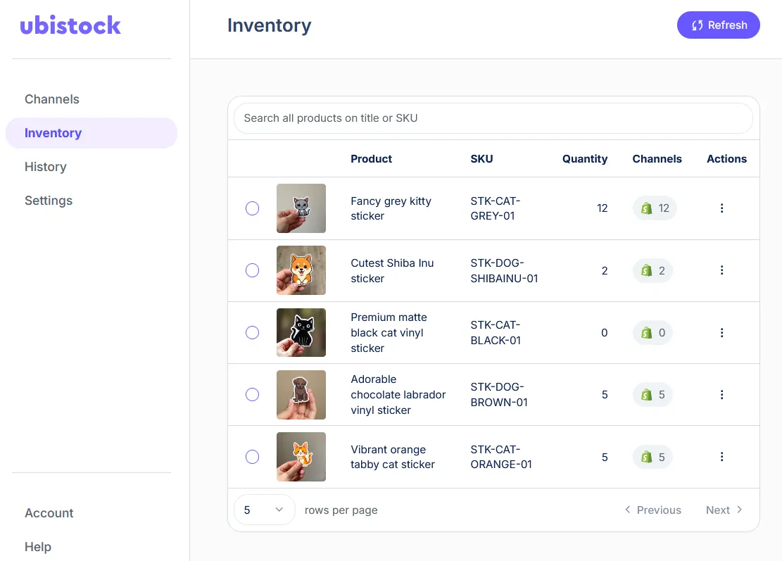Ubistock app screenshot - products page