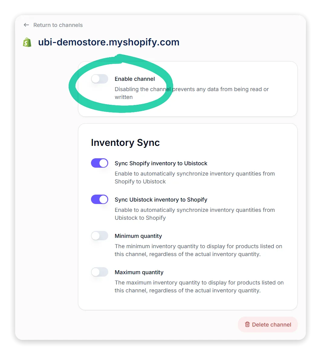 Shopify Ubistock channel settings